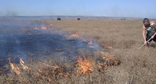 Местный житель пытается остановить пожар перед хутором. Фото предоставлено очевидцами.