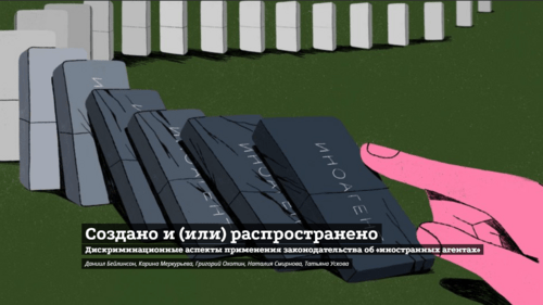 Скриншот с сайта "ОВД-Инфо"*, где опубликован доклад “Создано и (или) распространено: Дискриминационные аспекты применения законодательства об «иностранных агентах»”.