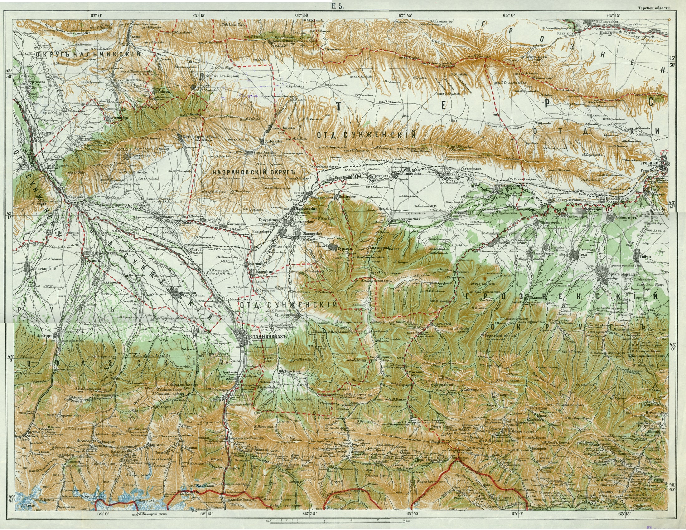 Карта Сунженского отдела, Нальчикского, Назрановского и Грозненского округов Терской области // РГВИА. Ф. 386. Масштаб 5 верст в дюйме [1:210000]. 1915.