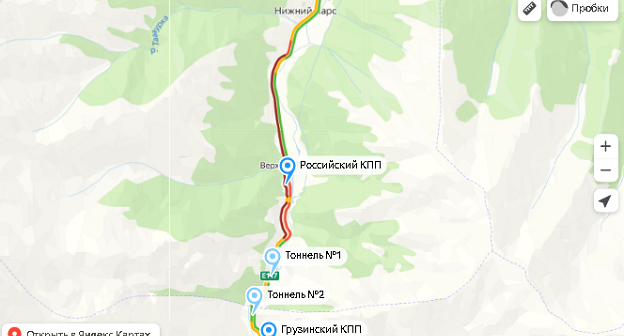 Длина пробки на Военно-Грузинской дороге (отмечена красным) на 09.55 мск 30 июля 2022 года. Скриншот Яндекс-карты